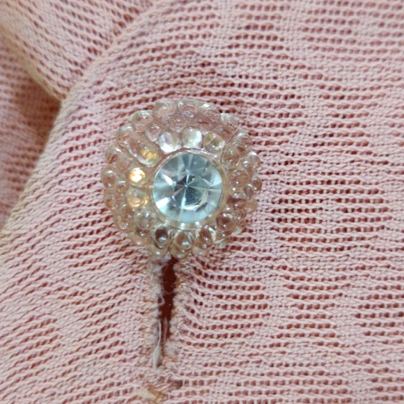 Vintage 1940s Sheer Lace Pink Evening Party Dress With Rhinestone Buttons - Picture 4 of 15